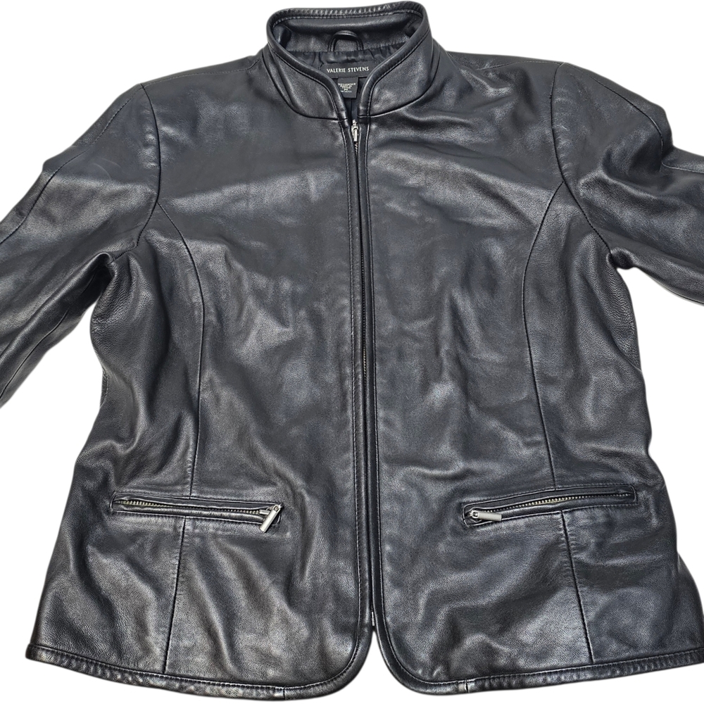 Valerie Stevens Black Leather Zip Up Moto Jacket Women’s Size M - Picture 2 of 12